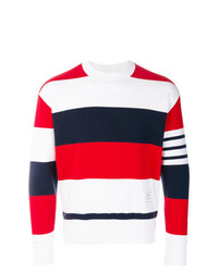 Maglione girocollo a righe orizzontali bianco e rosso e blu scuro di Thom Browne