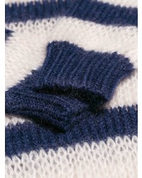 Maglione girocollo a righe orizzontali blu scuro e bianco di Prada
