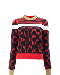 Maglione girocollo a righe orizzontali rosso e blu scuro di Gucci