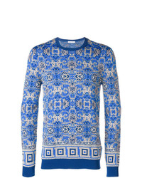 Maglione girocollo con stampa cachemire blu di Versace Collection