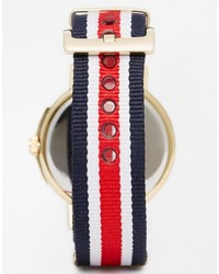 Orologio di tela a righe verticali bianco e rosso e blu scuro di Moschino