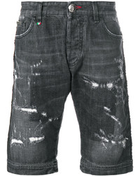 Pantaloncini di cotone strappati grigio scuro di Philipp Plein