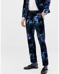 Pantaloni eleganti di velluto a fiori blu scuro