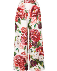 Pantaloni larghi di seta a fiori rosa