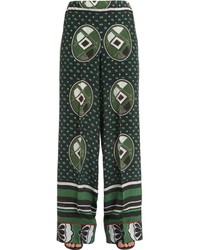 Pantaloni larghi di seta stampati verde scuro