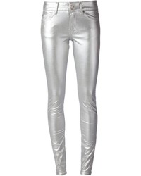 Pantaloni skinny di seta argento di Saint Laurent