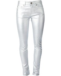 Pantaloni skinny di seta argento di Saint Laurent