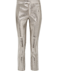 Pantaloni skinny in pelle a righe verticali argento