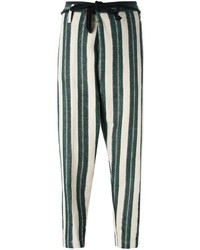 Pantaloni stretti in fondo di lino a righe verticali verde scuro di Forte Forte