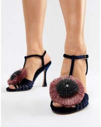 Sandali con tacco di velluto blu scuro
