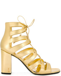 Sandali con tacco in pelle dorati di Saint Laurent