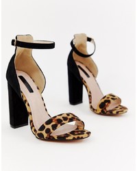 Sandali con tacco in pelle leopardati blu scuro