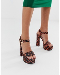 Sandali con tacco in pelle leopardati marrone scuro di Glamorous