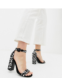 Sandali con tacco in pelle scamosciata leopardati bianchi e neri