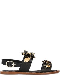 Sandali piatti in pelle decorati neri di Dolce & Gabbana