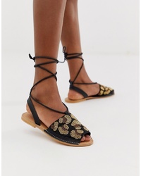 Sandali piatti in pelle leopardati neri di ASOS DESIGN