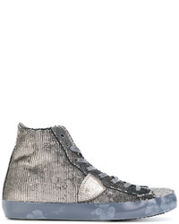 Sneakers alte con paillettes decorate argento di Philippe Model