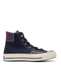 Sneakers alte di tela a righe orizzontali blu scuro di Converse