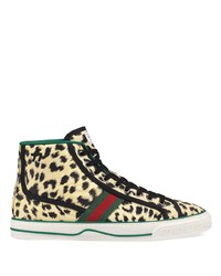 Sneakers alte di tela leopardate beige di Gucci