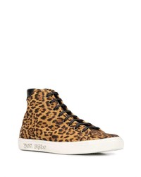 Sneakers alte di tela leopardate marrone chiaro di Saint Laurent