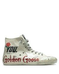 Sneakers alte di tela stampate beige di Golden Goose
