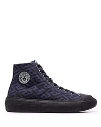 Sneakers alte di tela stampate blu scuro di Versace