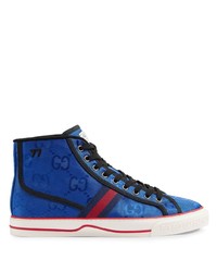 Sneakers alte di tela stampate blu di Gucci