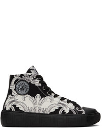 Sneakers alte di tela stampate nere e bianche di Versace