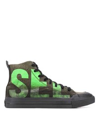 Sneakers alte di tela stampate verde oliva di Diesel