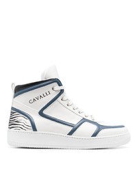 Sneakers alte in pelle bianche e blu scuro di Roberto Cavalli