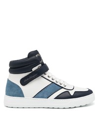 Sneakers alte in pelle bianche e blu scuro di Salvatore Ferragamo