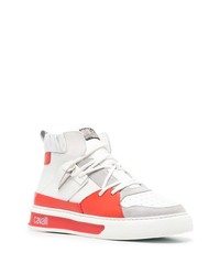 Sneakers alte in pelle bianche e rosse di Roberto Cavalli