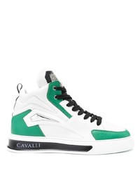 Sneakers alte in pelle bianche e verdi di Roberto Cavalli
