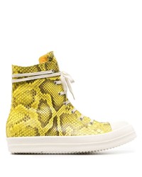 Sneakers alte in pelle con stampa serpente gialle di Rick Owens