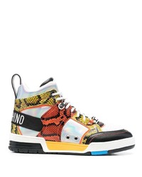 Sneakers alte in pelle con stampa serpente multicolori di Moschino