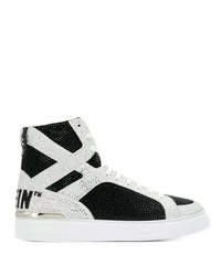 Sneakers alte in pelle decorate nere e bianche di Philipp Plein