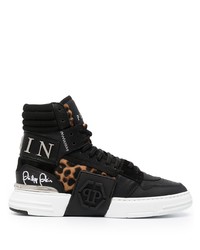 Sneakers alte in pelle leopardate nere di Philipp Plein