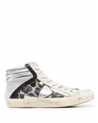 Sneakers alte in pelle scamosciata leopardate argento