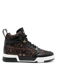 Sneakers alte in pelle stampate marrone scuro di Moschino