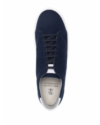 Sneakers basse di tela blu scuro e bianche di Brunello Cucinelli