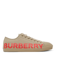 Sneakers basse di tela stampate beige di Burberry