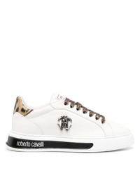 Sneakers basse in pelle leopardate bianche di Roberto Cavalli