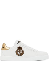 Sneakers basse in pelle ricamate bianche di Dolce & Gabbana