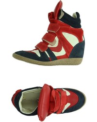 Sneakers con zeppa in pelle scamosciata bianche e rosse e blu scuro