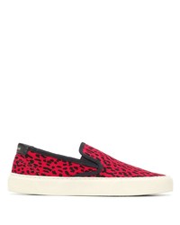 Sneakers senza lacci di tela leopardate rosse e nere