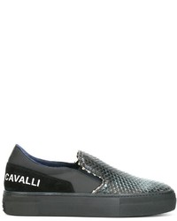 Sneakers senza lacci in pelle con stampa serpente blu di Roberto Cavalli