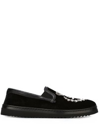 Sneakers senza lacci in pelle scamosciata ricamate nere di Dolce & Gabbana