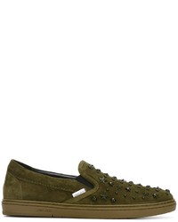 Sneakers senza lacci in pelle scamosciata verde oliva