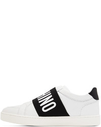 Sneakers senza lacci in pelle stampate bianche e nere di Moschino
