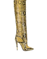 Stivali al ginocchio in pelle con stampa serpente gialli di Saint Laurent